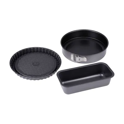 Three black baking pans are arranged on a white background.
