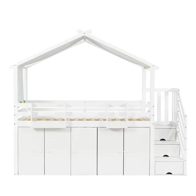 Produktbild von Hochbett mit Lattenrost, Kleiderschrank, Regal und Treppe, 90x200 cm, Hausbett, Kinderbett mit Rausfallschutz