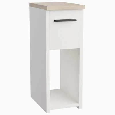 A white and wood-grain bedside table with a drawer and an open shelf.