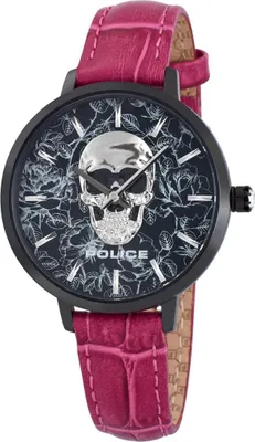 A close-up studio shot of a Police brand women's wristwatch with a pink leather strap and a black dial featuring a skull and rose design.