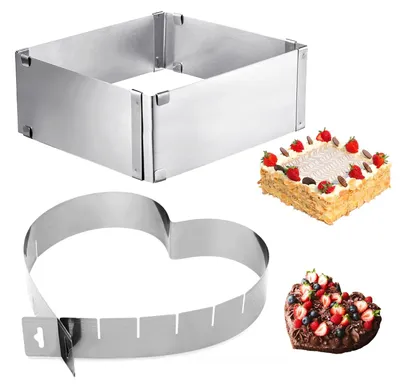 Verstellbare Tortenringe 2er-Set, Edelstahl, Herz + Quadrat