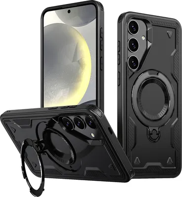 Immagine prodotto di Custodia a doppio strato per Samsung Galaxy S25, custodia protettiva militare magnetica con anello in metallo e supporto Nero