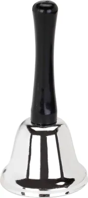 A silver hand bell with a black handle, isolated on a white background.