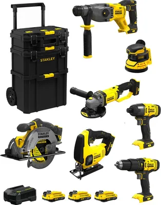 Produktbild von STANLEY FatMax Kit SVK706 (SFMCH900 + SFMCG400 + SFMCD711 + SFMCF800 + SFMCS500 + SFMCS600 + SFMCW220 +3x2,0Ah+Ladegerät +Caddy)