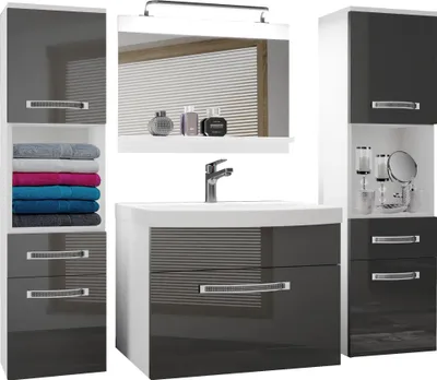 Produktbild von BELINI Badmöbel Vollausstattung Set Waschbeckenschrank, 2x Hochschrank, Waschbecken, Spiegel, Lampe (Grau, Glänzend)