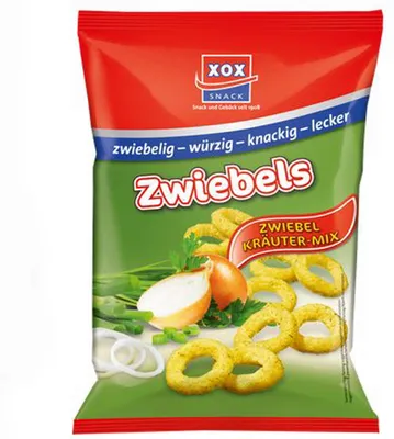Verpackungsbild XOX Zwiebelringe Kräuter Mix Mais Snack mit Zwiebelgeschmack 40g