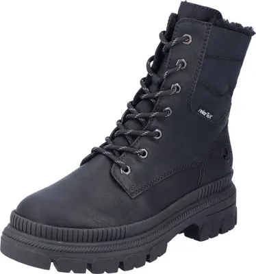 A black women's boot is shown against a white background.