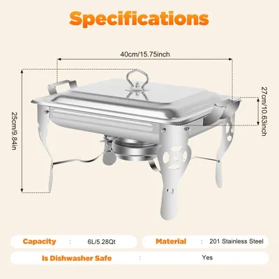 Image de Réchauffeur de buffet - Chafing Dish 6 L - Acier inoxydable 201 - Avec brûleur à alcool - Rectangulaire 40 × 27 cm - Pour les mariages, les fêtes et la restauration - Argent