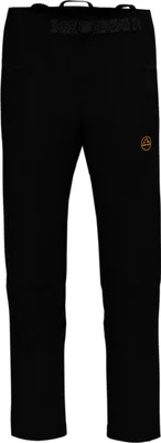 Schwarze Hardshellhose mit Gürtel und gelbem Logo auf dem Oberschenkel