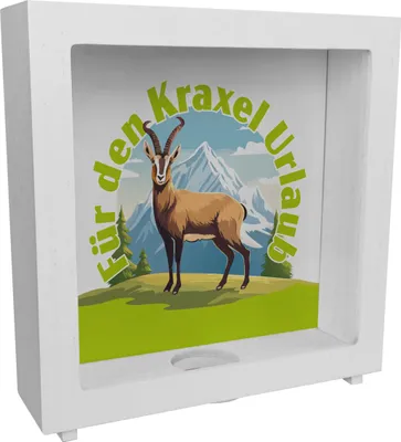 Produktbild von Steinbock Rahmen Spardose aus Holz mit Spruch: Für den Kraxel Urlaub