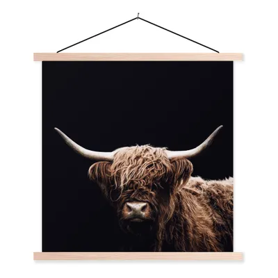 Produktbild von MuchoWow® Textilposter Schottischer Highlander - Schwarz - Horn 120x120 cm mit holzfarbenen Rahmen - Textil-Poster