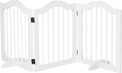 Obrázok produktu pre PawHut 3-dielna zábrana pre psov, 154,5 x 61 cm Skladacia bránka pre psov s dvierkami, ochranná bránka s 2 opornými nožičkami, voľne stojaca schodisková bránka do kuchyne, chodby, biela