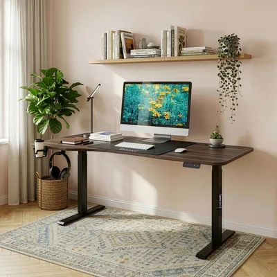 Zdjęcie produktu dla Stół z regulacją wysokości „Stryn” 160 x 75 cm, elektryczny, z funkcją pamięci, wykończenie imitujące orzech
