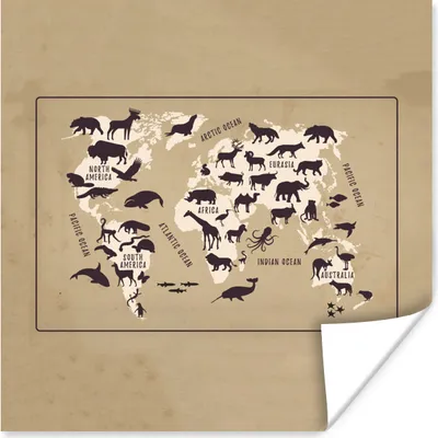 Produktbild von MuchoWow® Poster Weltkarte Kinder - Tiere - Braun 75x75 cm - Wand Dekoration