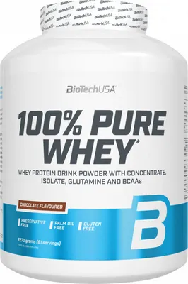 A white tub of protein powder with blue and brown accents.