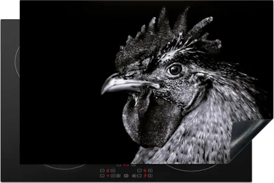 Produktbild von KitchenYeah© Herdabdeckplatte Hahn - Vogel - Schwarz - Weiß , 81x52cm, Küche Deko, Glaskeramikkochfeld Herdabdeckung, Abdeckplatte fùr Kochfeld