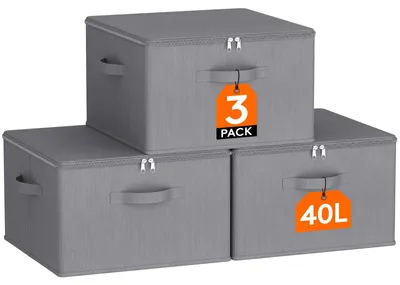 Produktbild von Aufbewahrungsbox mit Deckel, faltbare Aufbewahrungsbox aus Vliesstoff mit Griff, faltbarer Kleiderschrank-Organizer, Kleideraufbewahrungsbox, grau, 40 x 40 x 25 cm