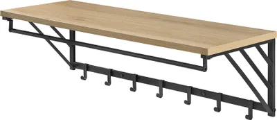 Produktbild von Wandgarderobe mit Ablage und 7 Haken, Garderobenständer aus Metall und Holz, Farbe Eiche hell