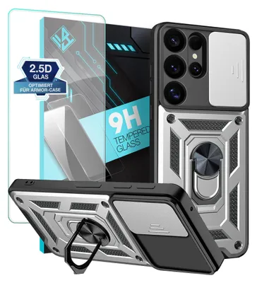 Produktbild von Armor Handyhülle für Samsung Galaxy S25 Ultra mit 9H Displayglas Displayschutz Kameraschutz Handy Panzer Case Cover Schutzhülle Outdoor Farbe: Silber