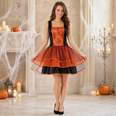 Produktbild von Damenkostüm Hexenkleid schwarz-orange mit Spinnennetz und Tüllrock (42)