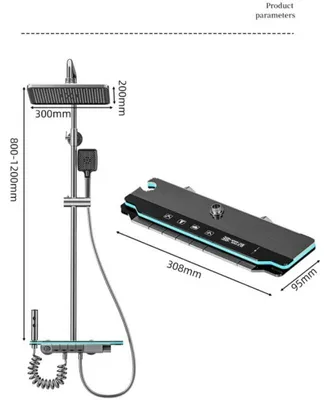 Immagine prodotto di Set doccia per il bagno: miscelatore per doccia, display digitale della temperatura, illuminazione a LED, altezza regolabile, soffione quadrato, acciaio inossidabile lucido, colore grigio