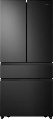 A black Hisense refrigerator with french doors and two drawers.