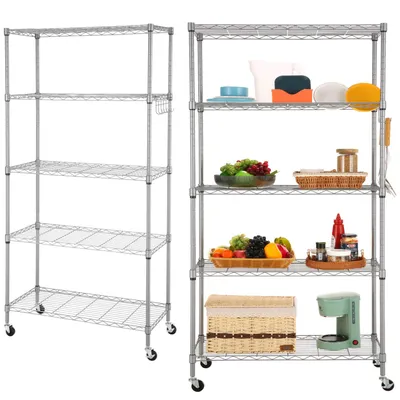 Two silver wire shelving units, one empty and one filled with kitchen items, are shown against a white background.