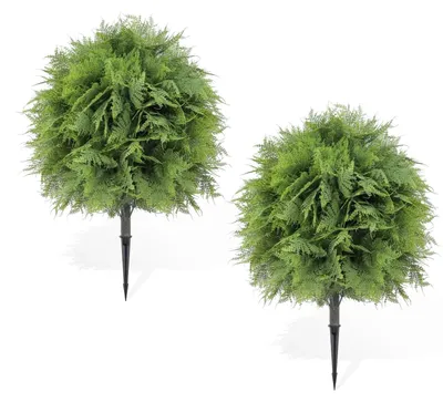 Image de Fougères artificielles - Arbres en forme de boules avec des piquets pour le sol - Résistants aux UV - Lot de 2 - Pour la décoration intérieure et extérieure - Plastique - Vert
