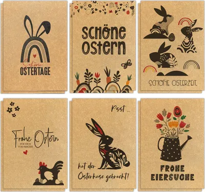 Produktbild von Ostergrusskarten 12er Kraftpapier Oster Karten Set - Ostern Postkarten in 6 Variationen | Hochwertige Karten zu Ostern | Original Kraftpapier Grußkarten DIN A6.