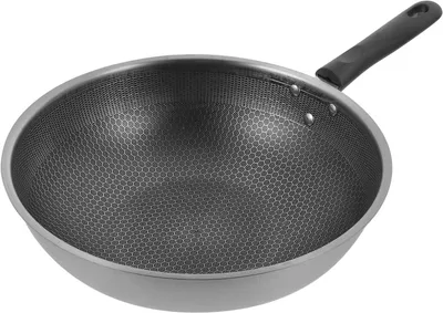 Produktbild von Edelstahl-Wokpfanne mit Honigwabenstruktur und Antihaftbeschichtung, ergonomischem Bakelitgriff, leicht und kratzfest zum Braten von Eiern und Steaks