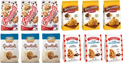 Produktbild von Testpaket Kekse mit Schokoladentropfen Pavesi Gocciole (3 x 500 g) + Balocco Gocciolotti (3 x 350 g) + Campiello Frollini del Buongiorno (3 x 350 g) + Divella Grottoli (3 x 400 g)