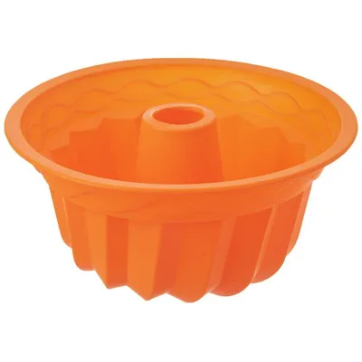 An orange silicone bundt cake pan is shown against a white background.