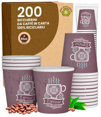 200 Papier-Kaffeebecher 65 ml, biologisch abbaubar, Einwegbecher