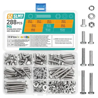 Produktbild von 288tlg. M6 Sechskantschrauben Muttern Set Edelstahl mit Unterlegscheiben