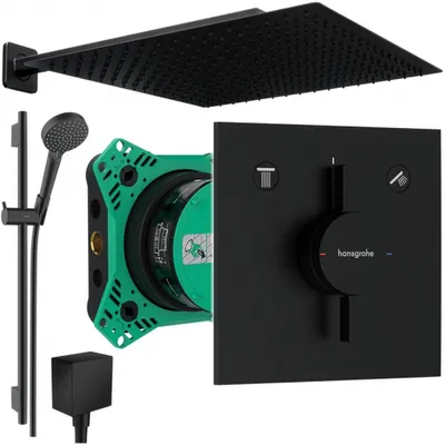 Produktbild von Hansgrohe und Jowi Unterputz Duschsystem Schwarz, mit 650mm Brausestange, 360mm Kopfbrause, Duscharmatur DuoTurn E