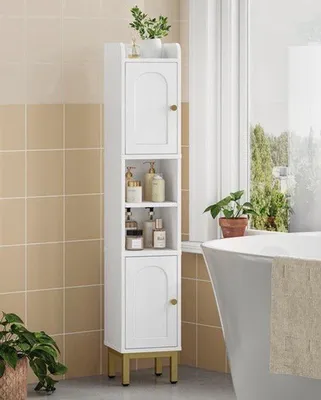 Productafbeelding van Badkamerkast Met 2 Deuren En Open Planken - Smalle Badkamerplank - 20 Cm Breed - Hout - Toiletmeubel