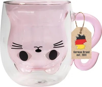 Produktbild von Intirilife Thermo Glas Doppelwandig mit Design Katze in Pink - 200ml Füllmenge - Isolierte Tassen Becher aus Glas hitzebeständig für kalte und heiße Getränke Kaffeetasse Teetasse Trinkglas