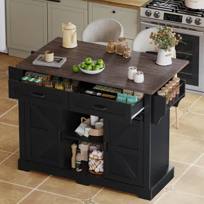 Obrázek produktu pro Kuchyňský ostrov s výklopnou pracovní deskou, kuchyňský vozík na kolečkách, rozměry 120x45(70)x91 cm, barva černá