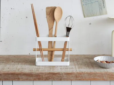 Immagine prodotto di Yamazaki porta utensili da cucina porta posate in metallo bianco con legno 03154