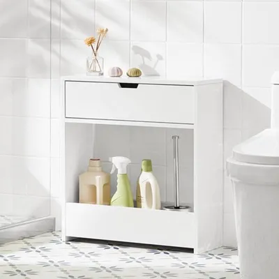 Immagine prodotto di Nicheplank – Mobiletto da bagno in MDF bianco con ripiano aperto e sportello pratico – 20 x 60 x 55 cm