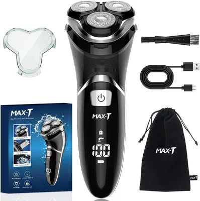 Productafbeelding van MAX-T 3D ProSkin LED elektrische scheerapparaat voor heren, geschikt voor nat en droog gebruik, draadloos, oplaadbaar, met reisslot, pop-up precisietrimmer, zwart. Ideaal als cadeau voor mannen