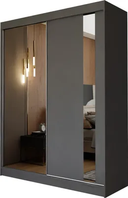 A modern sliding door wardrobe with mirrored doors, reflecting a bedroom interior with pendant lights and a nightstand.