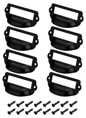 Produktbild von Packung mit 8 Etikettenhaltern Griffe Vintage Zinklegierung Etikettenrahmen Schubladenknöpfe für Schrank Schwarz 82x36mm mit Schrauben