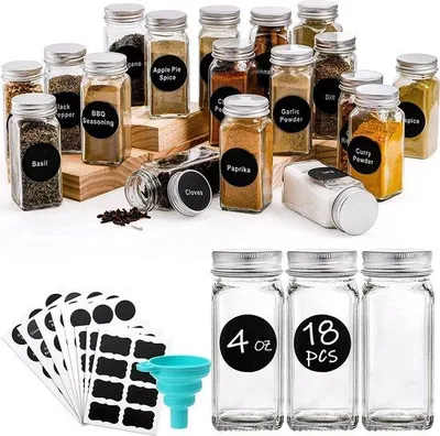 Image de Ensemble de 18 pots à épices Unyqoos®, capacité de 120 ml, pots carrés en verre pour herbes aromatiques – couvercles en métal argentés, bouchons pour shaker, étiquettes, entonnoir et brosse