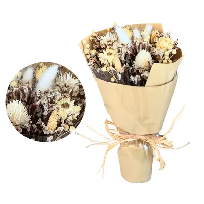Immagine prodotto di Bouquet di fiori secchi - Giallo e rosa pastello - Decorazione boho di lunga durata con fiori di paglia, code di coniglio e altro. Perfetto per matrimoni, decorazioni da tavola, fiori da regalo