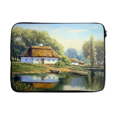 Produktbild von MuchoWow® Laptop Hülle 14 ZollMalerei - Haus - Natur - Wasser - Ölfarbe Laptoptasche - Laptoptasche - Stoßsicher - Schutzhaube