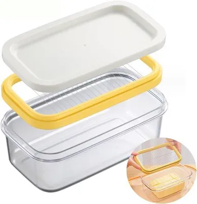 Produktbild von Butterkutter aus Edelstahl mit Deckel für Kühlschrank, Butterdose, einfache Aufbewahrung und Schneiden von zwei 100 Butterstäbchen