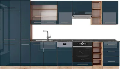 Produktbild von Küchenzeile Vicco Fame-Line Dunkelblau Hochglanz/Goldkraft Eiche 355 cm , AP Anthrazit, Model 49369