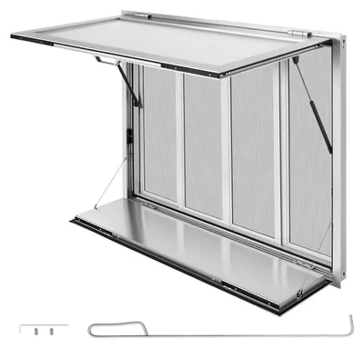 Obrázek produktu pro Prodejní okno pro food trucky SucceBuy, rozměry 1220 x 915 x 110 mm, vyrobené z hliníkové slitiny, výklopné do úhlu 85°, s výklopnou policí, 4 posuvnými moskytiérami a tažným hákem