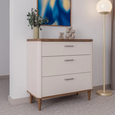 Produktbild von Forte LACETTI Kommode 90, elegante Kommode mit 3 Schubladen und hohen Füßen, Holzwerkstoff, Wohn-/Schlafzimmer, Kaschmir|Beige|Valencia Eiche Holzdekor, 90,4 cm breit x 81,7 cm hoch x 41,2 cm tief